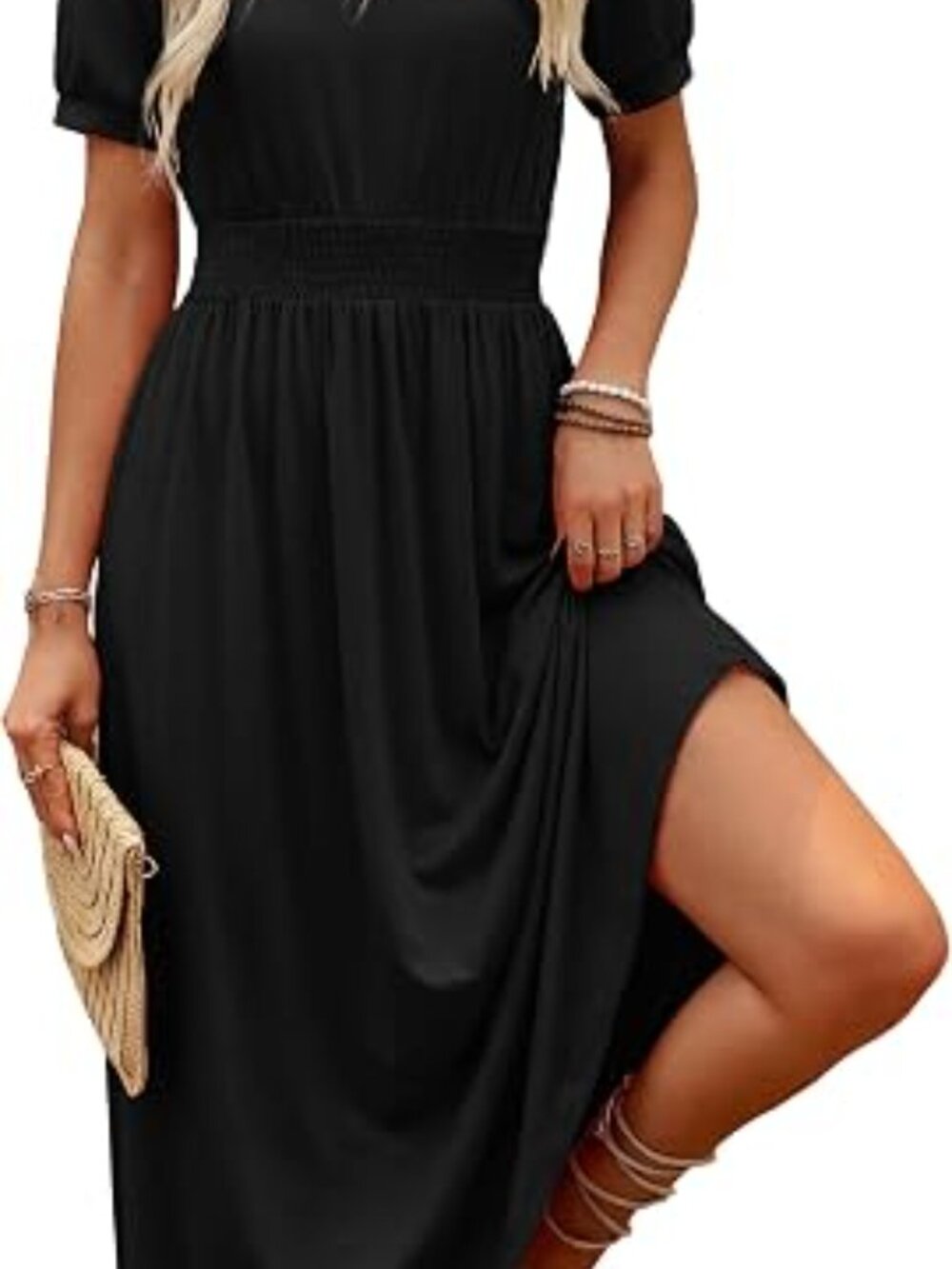 Maxi Dresses for Women V Neck Ladies Midi Long Dress A Line Smocked Waisted Casu - Picture 3 of 5